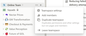 Screenshot showing the teamspace command menu. No "create link" here!